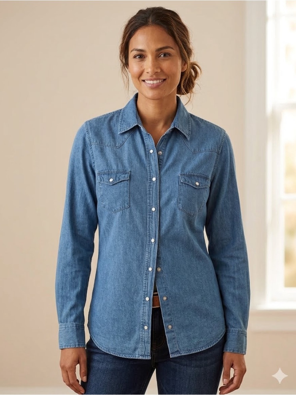 1990’s Millennium Denim Ladies Snap Western Classic Long Sleeve Shirt Sz. L